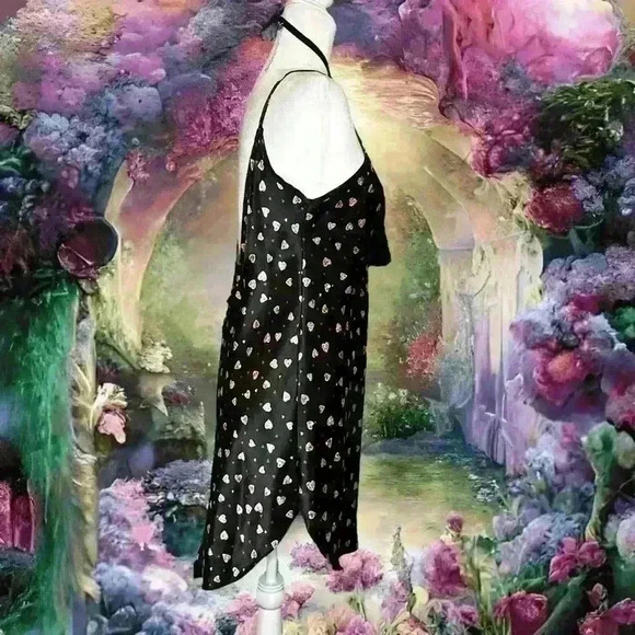 Y2k 90s Heart Print Black Low Back Slip Dress - Picture 5 of 9